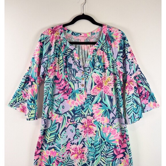 Lilly Pulitzer Dress Blue Mini Teigen Shift Floral V Neck Flared Hawaiian Small - Picture 10 of 14